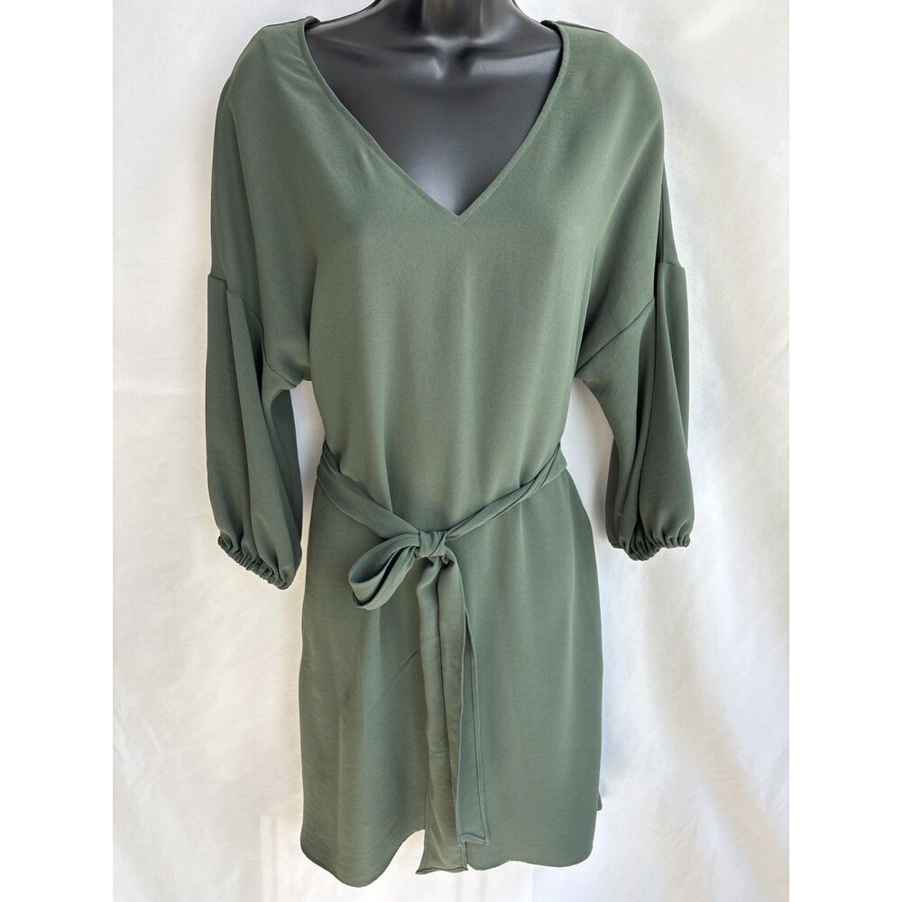 Adrianna Papell Olive Green Belted Dress Size 6 V Neck Chiffon Classy Shift